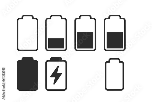 Battery icon set collection charge level indicator symbols. Power status charging lightning bolt UI interface elements. Mobile device energy vector illustration