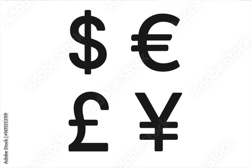 Global finance currency symbol set vector illustration. Dollar, euro, pound sterling, yen icons. Bold black silhouette icons for money exchange, banking, fintech design.