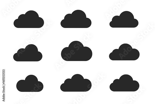 Cloud icon set vector symbols collection weather forecast elements nine fluffy clouds silhouettes web UI interface graphics transparent background vector illustration design