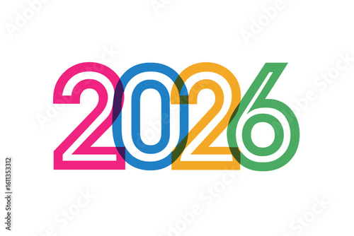 Colorful 2026 New Year number typography design. Vibrant overlapping line style digits for celebration poster, banner, website, calendar. Holiday vector illustration