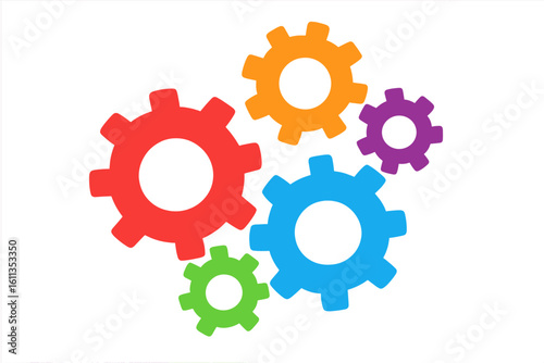 Colorful gears mechanism vector illustration. Business teamwork concept. Industrial machinery cogs process. Cooperation symbol. Engineering parts design