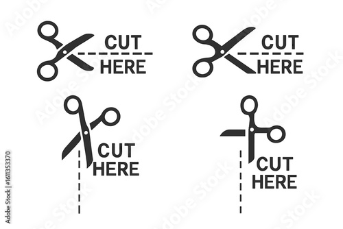 Cut here scissors icon set with dashed trim lines symbols for product packaging coupon borders ticket voucher design vector illustration transparent background graphic elements