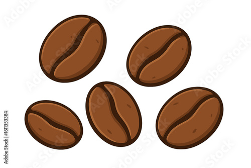 Roasted coffee bean set isolated on white background, vector illustration, aromatic espresso ingredient, brown seed clipart, caffeine beverage element, transparent PNG design resource