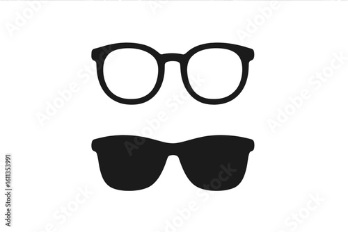 Simple glasses icon set. Black eyeglasses and sunglasses silhouette symbol. Optical eyewear vector illustration. Vision care logo design element. Minimalist style