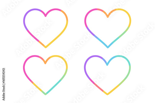 Rainbow gradient heart outline icon set, minimal line art love symbol collection, LGBTQ pride romantic design elements, colorful vector illustration on transparent background