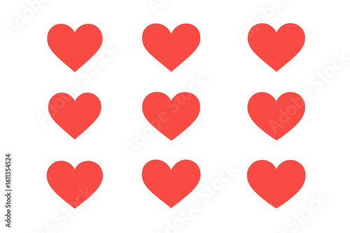 Red heart icons collection set. Love romance symbols vector graphics. Valentine romantic affection emotion feelings design elements. Heart shapes UI interface