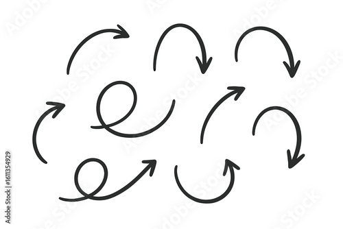 Hand-drawn curved arrows collection, looping arrow scribbles, sketch pointer icons, doodle swirl direction symbols set, black marker stroke vector illustration isolated on transparent background