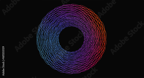 A vibrant, abstract, circular design composed of interwoven, colorful strands against black background.