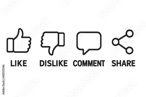 Social media reaction icons set – like thumbs up, dislike thumbs down, comment speech bubble, share symbol – minimalist line vector buttons for blog, website, app UI, transparent
