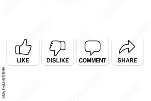 Social media reaction icon set: like thumb up, dislike thumb down, comment chat bubble, share arrow. Outline symbol buttons for video, blog, web UI, mobile app. Vector illustration