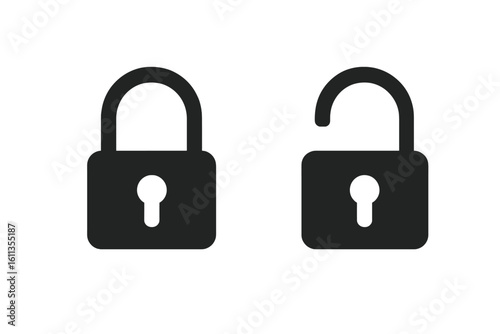Lock unlock icon set vector. Security padlock locked unlocked icons for app UI UX website design. Privacy protection symbols. Black silhouette lockpad illustration