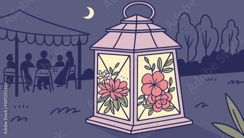 Floral lantern garden party illustration with moonlit night sky and outdoor gathering for event decor