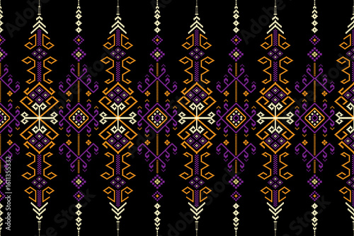 Thai applied fabric pattern in purple and orange on black background, suitable for international design.