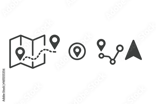 GPS navigation map icons set with paper map, dotted travel route, pin markers, location pointer, distance path, direction arrow, itinerary planning symbols, transparent illustration