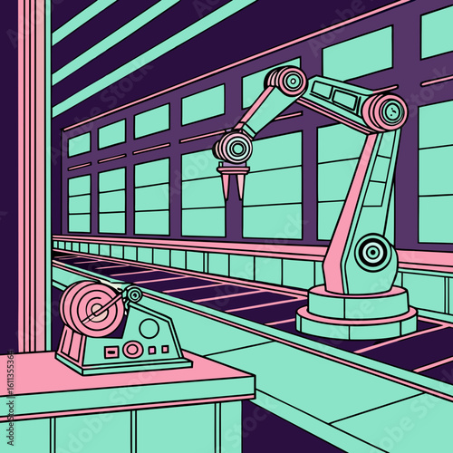 Teal and Pink Robotic Arm on Assembly Line in Factory Setting