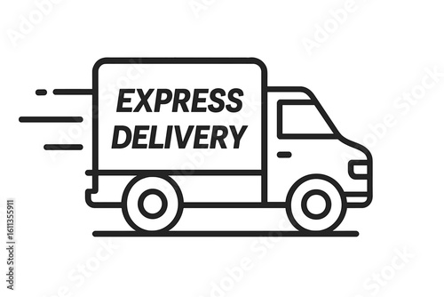 Fast shipping delivery truck icon, express courier van view, speed motion lines, outline stroke style pictogram, transparent PNG vector for ecommerce logistics app UI and web transport
