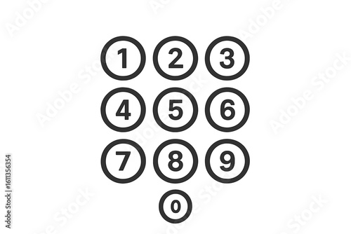 Minimalist circular numeric keypad icons set, telephone dial pad numbers 0-9 in outline rings, line art button symbols for mobile app passcode, ATM PIN entry vector illustration