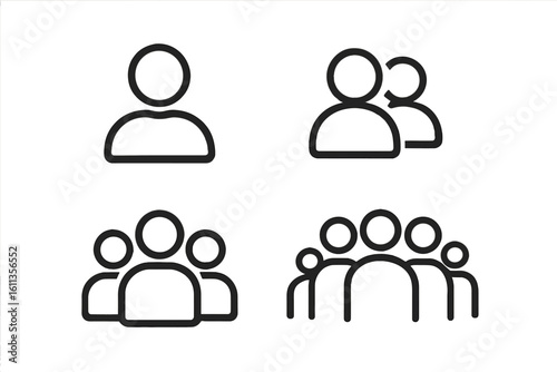 User avatar icon set, outline profile person symbol, single account pictogram, two users, three members, group crowd of people, team login sign, UI web app vector illustration
