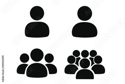 User avatar icons set – black flat profile person silhouette, team group, crowd community pictograms, minimal UI UX symbols for social network, app interface, web design vector