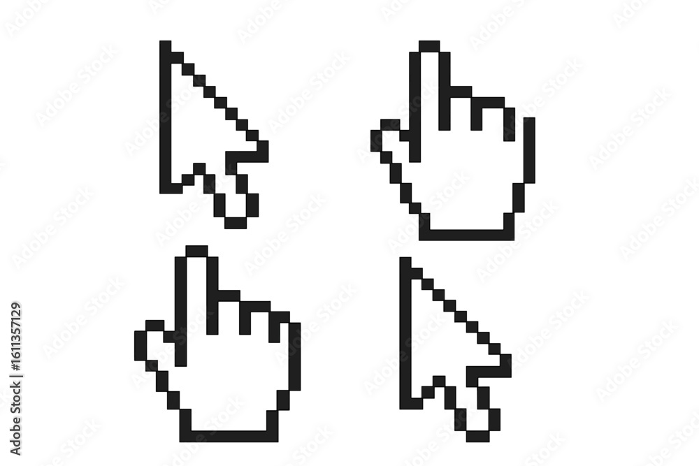 Pixel art mouse cursor and hand pointer icons set. Retro 8-bit arrow, click finger, computer navigation symbols. Black outline UI elements vector illustration isolated.