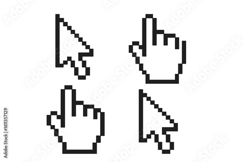 Pixel art mouse cursor and hand pointer icons set. Retro 8-bit arrow, click finger, computer navigation symbols. Black outline UI elements vector illustration isolated.