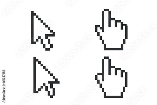Pixelated cursor and hand pointer icon set, retro 8-bit arrow click symbols, mouse pointer collection isolated on transparent background, vector illustration for web UI design
