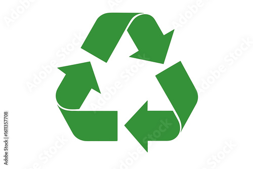 Green recycling symbol with three curved arrows forming triangle loop, eco sustainability icon, waste management emblem, reduce reuse recycle logo vector isolated