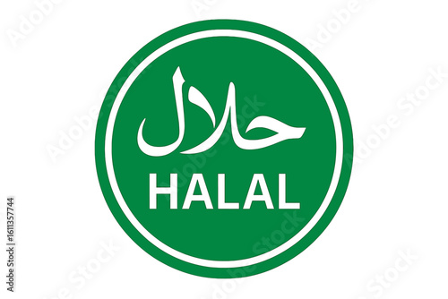 Certified halal icon with Arabic calligraphy and English text, green circular badge for food packaging, restaurant menu, Muslim dietary compliance, vector illustration on transparent background