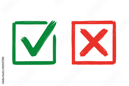 Hand drawn green check mark and red cross icon set. Stroke tick and X in checkbox boxes. Yes no choice, correct incorrect, approval rejection, success failure vector illustration