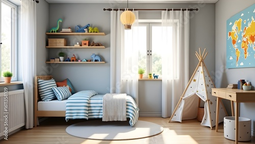 Realistic Scandinavian Kids Boys Bedroom Interior with Playful Decor, Toy Storage, Study Desk, Natural Light and Cozy Play Area
