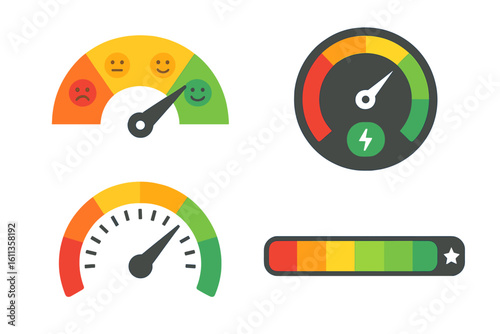 Performance gauge vector set of speedometer, KPI dashboard rating meter, customer satisfaction emoji scale, power energy level indicator, progress loading bar icons isolated