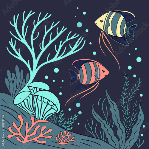 Two Angelfish and Coral Reef in a Dark Blue Ocean