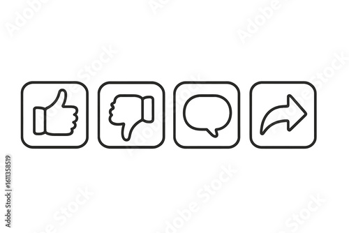 Social media reaction icons set – outline thumbs up like, thumbs down dislike, comment speech bubble, share arrow button symbols, linear UI elements for app, website, blog video