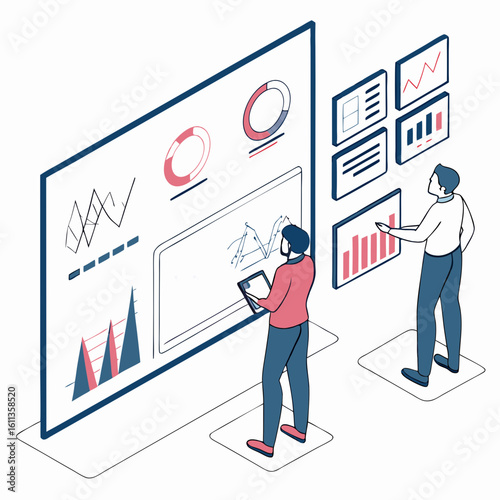 Two Businessmen Analyzing Data on a Large Interactive Dashboard