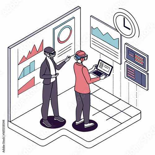 Two Businesspeople Collaborate Using Virtual Reality and Data Charts