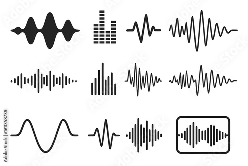 Abstract audio sound wave icon set, digital equalizer bars, frequency spectrum amplitude chart, music beat waveform symbols, voice recording signal, electronic pulse vector design