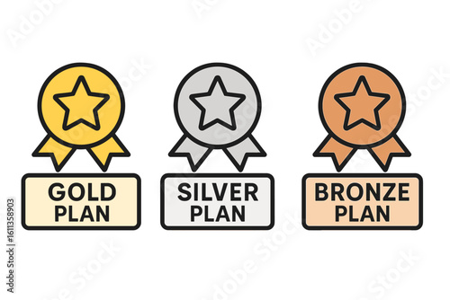 Premium membership plan icons set. Gold silver bronze subscription tiers badges. VIP pricing levels medals. Business service plans. Loyalty program rewards vector illustration