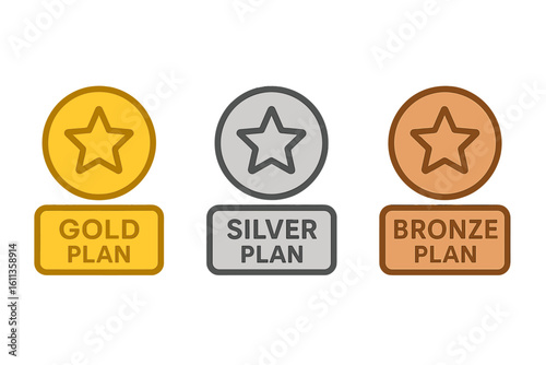 Gold silver bronze membership plan icons set. Premium subscription tier badges with star symbols. Loyalty program levels vector illustration for web app UI design