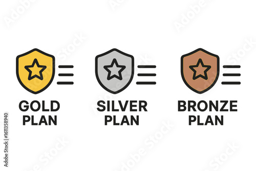 Premium membership plan icons set. Gold silver bronze tier shields with stars. Subscription level badges. Pricing plan vector illustration transparent background