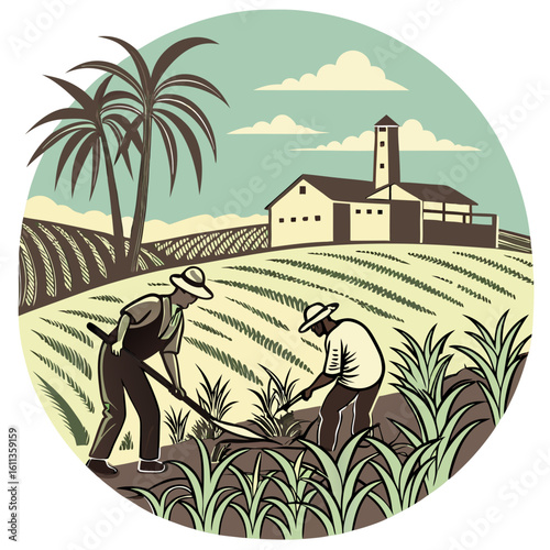 Two Farmworkers Harvesting Sugarcane in a Tropical Field