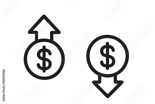 Money increase decrease icons. Dollar symbol up down arrows. Financial profit loss concept. Price growth decline indicators. Business finance symbols vector illustration