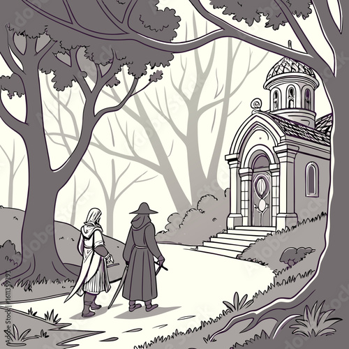 Two Figures Walking Toward a Stone Chapel in a Gray Forest