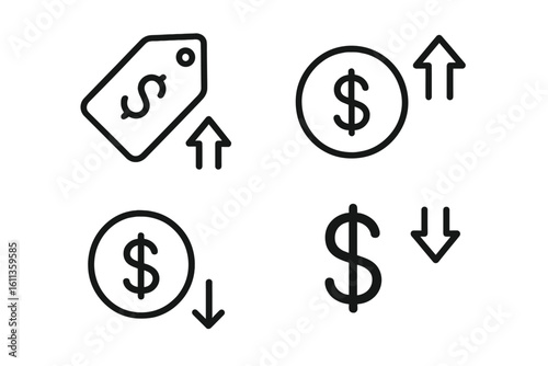 Financial growth decline icons set dollar money symbols arrows up down price rate profit cost increase decrease business economics vector illustration transparent background