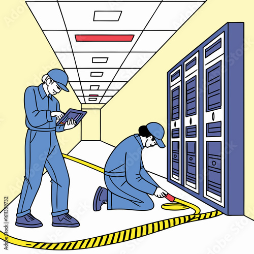 Two Male Technicians Inspecting Servers in a Data Center