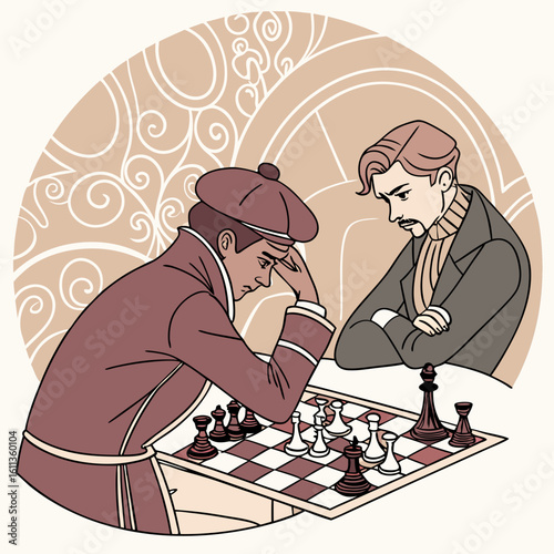 Two Men Playing Chess Intense Strategy Game Illustration