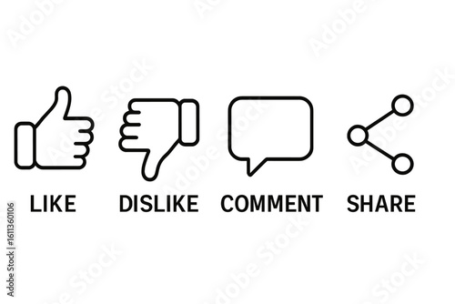 Outline like thumbs up, dislike thumbs down, comment chat bubble, share node icons. Social media reaction buttons set for video, blog, website UI, mobile app vector illustration