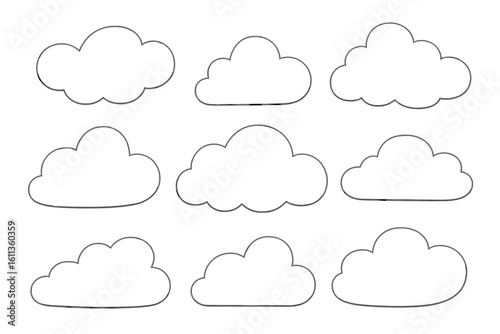 Simple white cloud collection vector set. Minimalist outline weather icons. Sky elements graphic design illustration. Clean cartoon clouds shapes for logo, UI, web
