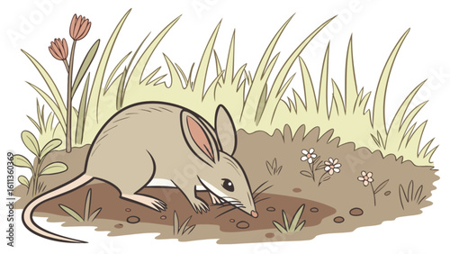 Cartoon bilby foraging in a grassy area with flowers and plants in a natural setting outdoors scene