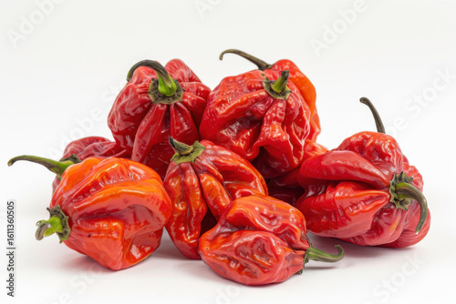 Fresh red chili peppers with green stems, isolated on a white background, showcasing vibrant color and spicy flavor.