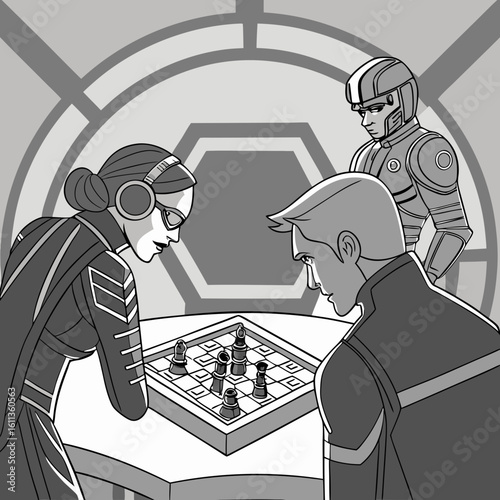 Two People Playing Chess in a Futuristic Setting